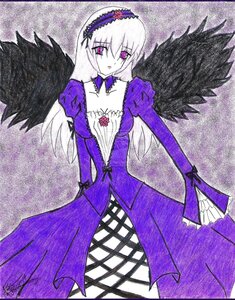 Rating: Safe Score: 0 Tags: 1girl black_wings dress frills hairband image long_hair long_sleeves looking_at_viewer pink_eyes puffy_sleeves signature solo suigintou wings User: admin