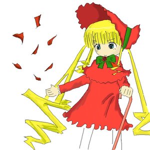 Rating: Safe Score: 0 Tags: 1girl bangs blonde_hair blue_eyes bonnet bow bowtie cowboy_shot dress green_bow green_neckwear image long_hair long_sleeves looking_at_viewer red_dress shinku simple_background solo standing twintails white_background User: admin