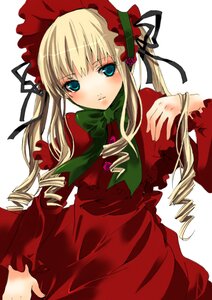 Rating: Safe Score: 0 Tags: 1girl blonde_hair blue_eyes blush bow bowtie cowboy_shot dress drill_hair green_bow green_neckwear image long_hair long_sleeves looking_at_viewer shinku sidelocks simple_background solo twin_drills white_background User: admin