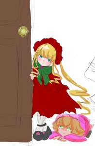 Rating: Safe Score: 0 Tags: 1girl blonde_hair blue_eyes blush bonnet bow dress image long_hair peeking_out pink_bow shinku solo twintails User: admin