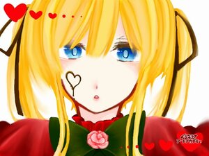 Rating: Safe Score: 0 Tags: 1girl black_ribbon blonde_hair blue_eyes flower hair_ribbon heart image long_hair looking_at_viewer pink_rose ribbon rose shinku simple_background solo User: admin