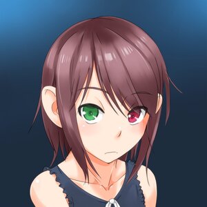 Rating: Safe Score: 0 Tags: 1girl blue_background brown_hair closed_mouth collarbone eyebrows_visible_through_hair frown green_eyes image looking_at_viewer short_hair simple_background solo souseiseki swimsuit User: admin