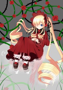 Rating: Safe Score: 0 Tags: 1girl blonde_hair blue_eyes bonnet bow dress drill_hair flower image lolita_fashion long_hair looking_at_viewer plant red_capelet red_dress red_flower red_rose rose shinku sitting solo thorns twin_drills twintails very_long_hair vines User: admin