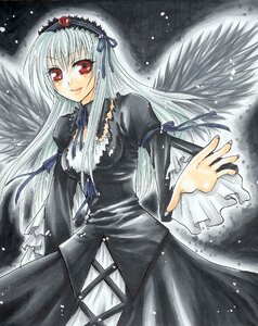 Rating: Safe Score: 0 Tags: 1girl black_dress black_ribbon black_wings dress flower frills hairband image long_hair long_sleeves looking_at_viewer marker_(medium) puffy_sleeves red_eyes ribbon rose silver_hair smile solo suigintou traditional_media wings User: admin