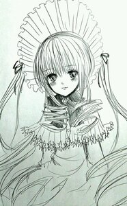 Rating: Safe Score: 0 Tags: 1girl blush dress frills hair_ribbon image long_hair long_sleeves looking_at_viewer monochrome ribbon shinku simple_background solo traditional_media twintails very_long_hair User: admin