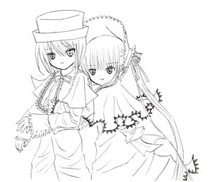 Rating: Safe Score: 0 Tags: 2girls bonnet capelet dress greyscale hat image long_hair long_sleeves looking_at_viewer monochrome multiple_girls pair ribbon shinku siblings simple_background sisters smile souseiseki suigintou twins very_long_hair User: admin