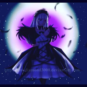 Rating: Safe Score: 0 Tags: 1girl dress feathers flower hairband image long_hair long_sleeves moon night silver_hair sky smile solo star_(sky) starry_sky suigintou wings User: admin