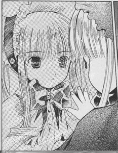 Rating: Safe Score: 0 Tags: close-up greyscale image looking_at_viewer monochrome ribbon shinku solo upper_body User: admin