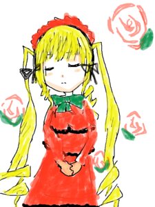 Rating: Safe Score: 0 Tags: 1girl blonde_hair bow bowtie closed_eyes dress flower image long_hair long_sleeves red_flower red_rose rose shinku simple_background solo traditional_media twintails white_background User: admin