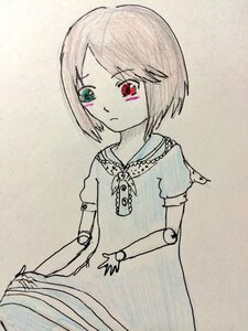 Rating: Safe Score: 0 Tags: 1boy closed_mouth doll_joints dress expressionless heterochromia image jewelry joints looking_at_viewer red_eyes short_hair short_sleeves solo souseiseki stitches traditional_media User: admin
