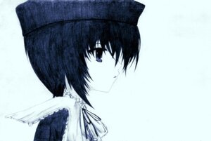 Rating: Safe Score: 0 Tags: 1girl bangs blue_theme closed_mouth frills from_side hat image monochrome profile ribbon short_hair simple_background solo souseiseki User: admin