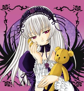 Rating: Safe Score: 0 Tags: 1girl black_wings detached_collar dress flower frilled_sleeves frills hairband image long_hair long_sleeves looking_at_viewer parted_lips pink_eyes rose silver_hair solo stuffed_animal suigintou upper_body wings User: admin