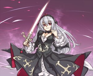 Rating: Safe Score: 0 Tags: 1girl black_dress breasts cleavage dress flower frilled_sleeves frills gothic_lolita hairband holding holding_sword holding_weapon image lolita_fashion lolita_hairband long_hair long_sleeves looking_at_viewer medium_breasts pink_eyes purple_flower red_eyes rose silver_hair smile solo suigintou sword weapon wide_sleeves User: admin
