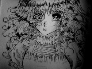 Rating: Safe Score: 0 Tags: 1girl curly_hair flower frills greyscale image kirakishou lips long_hair looking_at_viewer monochrome rose solo traditional_media upper_body wavy_hair User: admin