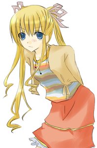 Rating: Safe Score: 0 Tags: 1girl blonde_hair blue_eyes blush hair_ribbon image long_hair long_sleeves looking_at_viewer ribbon shinku shirt simple_background skirt solo striped striped_shirt twintails white_background User: admin