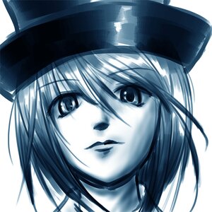 Rating: Safe Score: 0 Tags: 1girl bangs black_headwear blue_theme closed_mouth eyebrows_visible_through_hair face hat image looking_at_viewer monochrome portrait short_hair simple_background solo souseiseki white_background User: admin