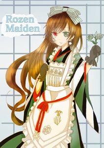 Rating: Safe Score: 0 Tags: 1girl apron black_gloves bow brown_hair english_text flower gloves green_eyes hair_bow heterochromia image japanese_clothes jewelry kimono long_hair looking_at_viewer red_eyes rose smile solo suiseiseki User: admin
