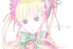 Rating: Safe Score: 0 Tags: 1girl blonde_hair bowtie flower green_eyes hair_ribbon image looking_at_viewer portrait ribbon shinku simple_background solo white_background User: admin