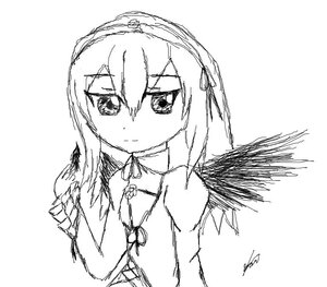 Rating: Safe Score: 0 Tags: 1girl bare_shoulders closed_mouth dress eyebrows_visible_through_hair feathered_wings greyscale hair_ribbon hairband hand_up image long_hair long_sleeves looking_at_viewer monochrome ribbon signature simple_background smile solo suigintou upper_body white_background wings User: admin