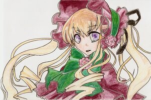 Rating: Safe Score: 0 Tags: 1girl blonde_hair bonnet bow bowtie dress flower green_bow green_neckwear image long_hair long_sleeves open_mouth pink_flower pink_rose rose shinku simple_background solo traditional_media upper_body User: admin