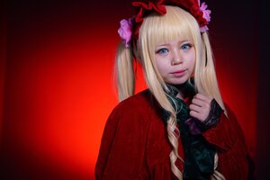 Rating: Safe Score: 0 Tags: 1girl bangs blonde_hair blue_eyes blunt_bangs flower hair_flower lips long_hair long_sleeves looking_at_viewer realistic red_background rose shinku smile solo twintails upper_body User: admin