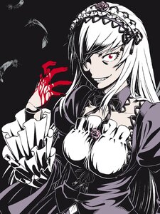 Rating: Safe Score: 0 Tags: 1girl blood blood_on_hands breasts commentary_request doll_joints dress feathers flower frills gothic_lolita grin hair_over_one_eye hairband ichikawa_masahiro image joints lolita_hairband long_hair long_sleeves red_eyes red_flower rose rozen_maiden simple_background smile solo suigintou tattoo white_hair User: admin