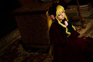 Rating: Safe Score: 0 Tags: 1girl blonde_hair bonnet bow capelet curtains dress flower indoors long_hair pink_rose red_dress rose shinku sitting solo twintails User: admin