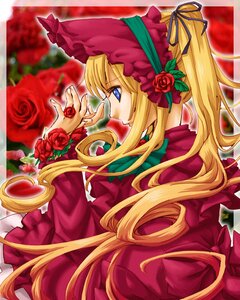 Rating: Safe Score: 0 Tags: 1girl blonde_hair blue_eyes bonnet bow dress flower frills green_bow green_neckwear image long_hair long_sleeves pink_rose profile red_capelet red_dress red_flower red_rose rose shinku sidelocks solo very_long_hair User: admin