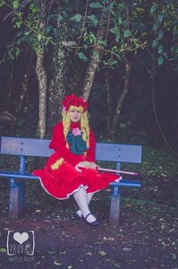 Rating: Safe Score: 0 Tags: 1girl blonde_hair closed_eyes dress long_hair mary_janes plant red_dress shinku shoes sitting solo water white_legwear User: admin