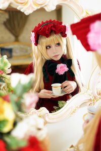 Rating: Safe Score: 0 Tags: 1girl blonde_hair blue_eyes blurry blurry_background blurry_foreground cup depth_of_field dress flower lips lolita_fashion long_hair looking_at_viewer photo realistic rose saucer shinku sitting solo table tea teacup User: admin