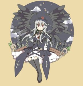 Rating: Safe Score: 0 Tags: 1girl black_wings dress flower hairband image long_hair long_sleeves moon red_eyes rose silver_hair solo suigintou wings User: admin