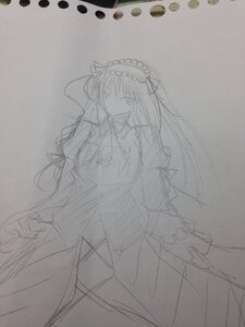 Rating: Safe Score: 0 Tags: 1girl auto_tagged frills greyscale hairband image long_hair long_sleeves looking_at_viewer monochrome sketch solo suigintou traditional_media User: admin