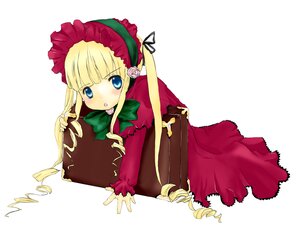 Rating: Safe Score: 0 Tags: 1girl blonde_hair blue_eyes bonnet bow dress drill_hair flower image long_hair long_sleeves looking_at_viewer rose shinku simple_background solo twin_drills white_background User: admin