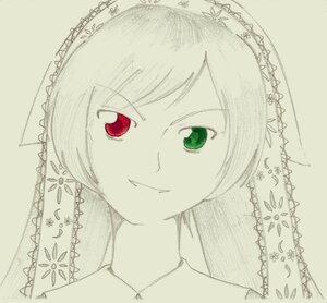 Rating: Safe Score: 0 Tags: 1girl closed_mouth frills image looking_at_viewer monochrome portrait red_eyes simple_background smile solo spot_color suiseiseki User: admin