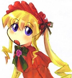 Rating: Safe Score: 0 Tags: 1girl :o blonde_hair blue_eyes blush bonnet bow bowtie dress flower image long_hair long_sleeves looking_at_viewer open_mouth red_dress rose shinku simple_background solo twintails upper_body white_background User: admin