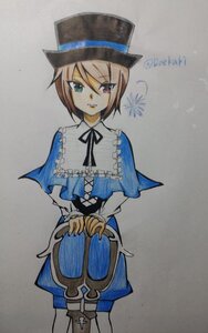 Rating: Safe Score: 0 Tags: 1girl blue_dress brown_hair capelet dress hat heterochromia image long_sleeves looking_at_viewer marker_(medium) neck_ribbon red_eyes ribbon short_hair solo souseiseki standing top_hat traditional_media twitter_username User: admin