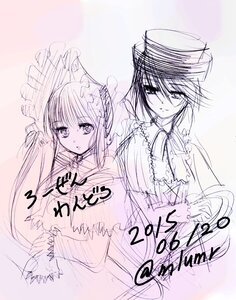 Rating: Safe Score: 0 Tags: 2girls bangs dress frills hat image long_hair long_sleeves looking_at_viewer m1umr monochrome multiple_girls pair purple_theme shinku sketch souseiseki User: admin