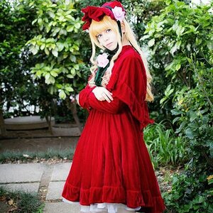 Rating: Safe Score: 0 Tags: 1girl bangs blonde_hair blue_eyes bonnet bush day dress flower long_hair long_sleeves looking_at_viewer outdoors plant red_dress shinku solo standing User: admin