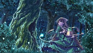 Rating: Safe Score: 0 Tags: 1girl brown_hair dress flower forest green_dress green_eyes holding hood image long_hair nature solo suiseiseki tree User: admin