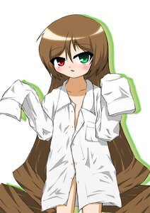 Rating: Safe Score: 0 Tags: 1girl bangs blush brown_hair cowboy_shot dress_shirt flat_chest green_eyes heterochromia image long_hair long_sleeves looking_at_viewer oversized_clothes red_eyes shirt sleeves_past_fingers sleeves_past_wrists solo standing suiseiseki very_long_hair white_shirt User: admin