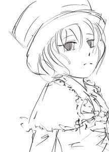 Rating: Safe Score: 0 Tags: 1girl blush closed_mouth eyebrows_visible_through_hair greyscale hat image looking_at_viewer monochrome short_hair simple_background sketch solo souseiseki upper_body User: admin