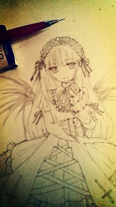 Rating: Safe Score: 0 Tags: 1girl dress frills hairband image lolita_fashion lolita_hairband long_hair long_sleeves looking_at_viewer monochrome ribbon solo suigintou traditional_media User: admin