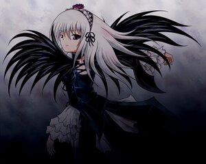 Rating: Safe Score: 0 Tags: 1girl black_wings dress flower frilled_sleeves frills hairband image long_hair long_sleeves looking_at_viewer looking_back pink_eyes rose silver_hair solo suigintou wings User: admin