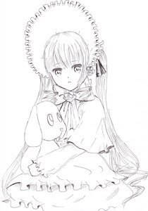 Rating: Safe Score: 0 Tags: 1girl bangs blush dress eyebrows_visible_through_hair flower greyscale hair_ornament hat holding image long_hair long_sleeves looking_at_viewer monochrome object_hug parted_lips shinku sleeves_past_wrists solo striped stuffed_animal twintails very_long_hair white_background User: admin