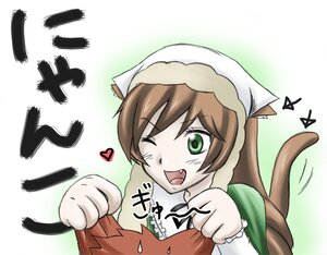 Rating: Safe Score: 0 Tags: 1girl animal_ears blush brown_hair cat_ears cat_tail fang fangs green_eyes head_scarf heart image long_hair long_sleeves one_eye_closed open_mouth smile solo suiseiseki tail User: admin