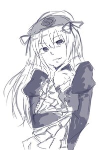 Rating: Safe Score: 0 Tags: 1girl bangs bow closed_mouth dress eyebrows_visible_through_hair hair_between_eyes hat image juliet_sleeves long_hair long_sleeves looking_at_viewer monochrome puffy_sleeves simple_background sketch smile solo striped suigintou upper_body white_background User: admin