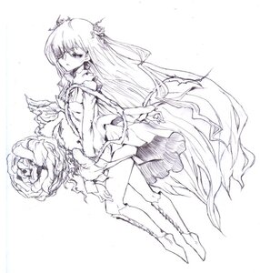 Rating: Safe Score: 0 Tags: 1girl bare_shoulders boots dress flower full_body greyscale hair_ornament image kirakishou knee_boots long_hair monochrome rose solo standing very_long_hair User: admin