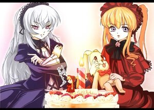 Rating: Safe Score: 0 Tags: 2girls blonde_hair bonnet bow cake dress food frills hairband image letterboxed long_hair long_sleeves multiple_girls pair pink_eyes purple_eyes red_dress rose shinku silver_hair suigintou wings User: admin