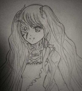 Rating: Safe Score: 0 Tags: 1girl dress flower frills greyscale hair_ornament hatsune_miku image kirakishou long_hair looking_at_viewer monochrome solo traditional_media twintails upper_body very_long_hair User: admin