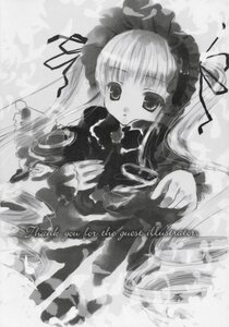 Rating: Safe Score: 0 Tags: 1girl dress greyscale image long_hair long_sleeves looking_at_viewer monochrome shinku solo suigintou text_focus upper_body User: admin